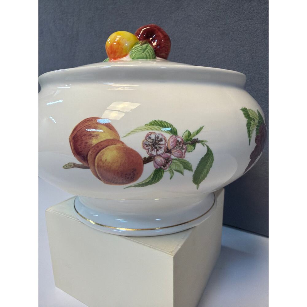 Vtg 1980s Teleflora Serving Bowl Lidded Fruit Pattern Gold Trim 8" Ceramic - Picture 3 of 10